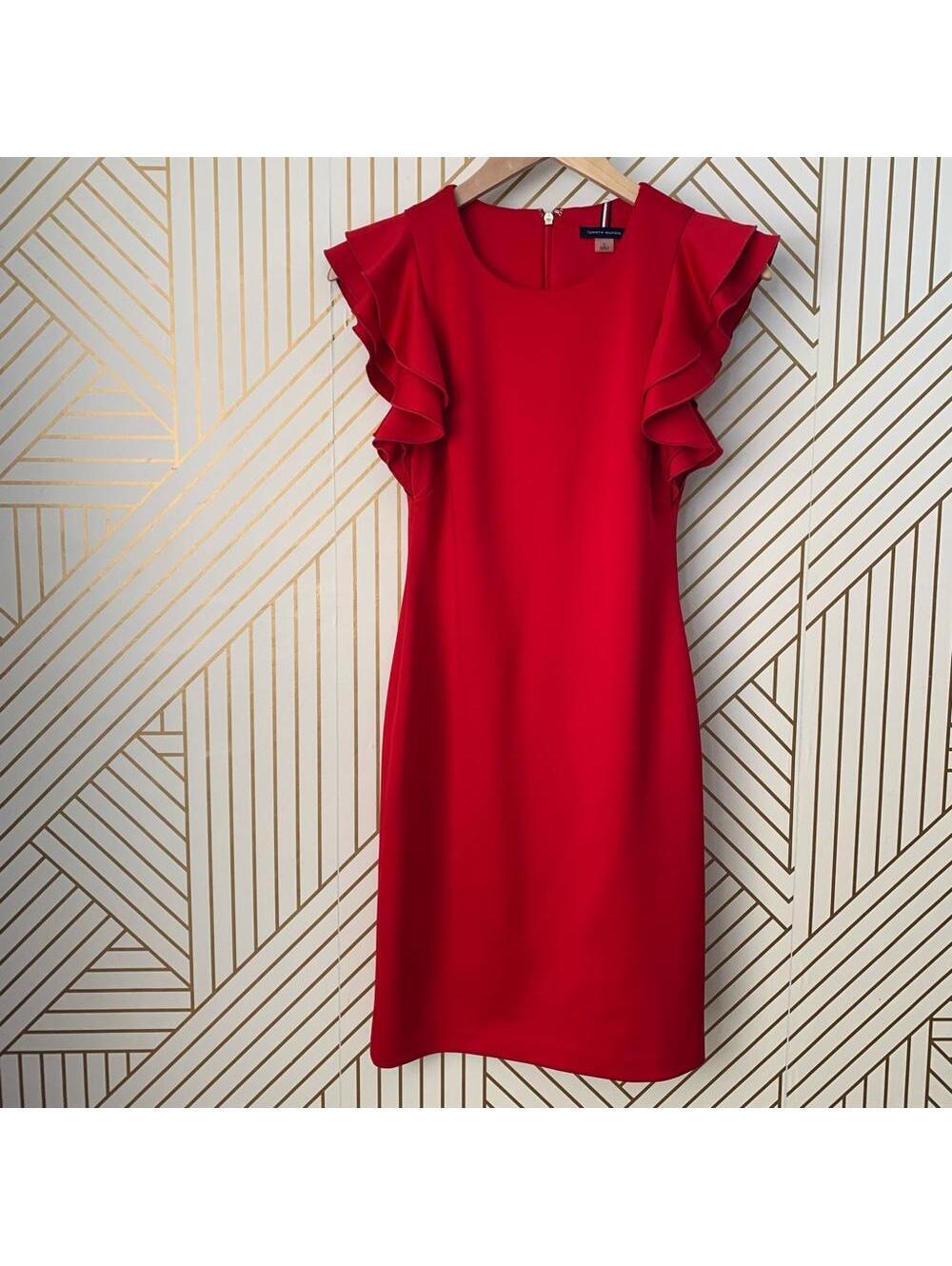 Tommy Hilfiger Red Scuba ruffle Double Ruffle Flutter
Sleeve Sheath Dress 6